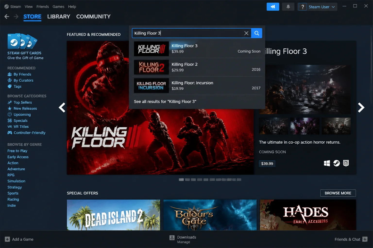 Steam Store with the search bar active and a game title typed in, showing a results dropdown