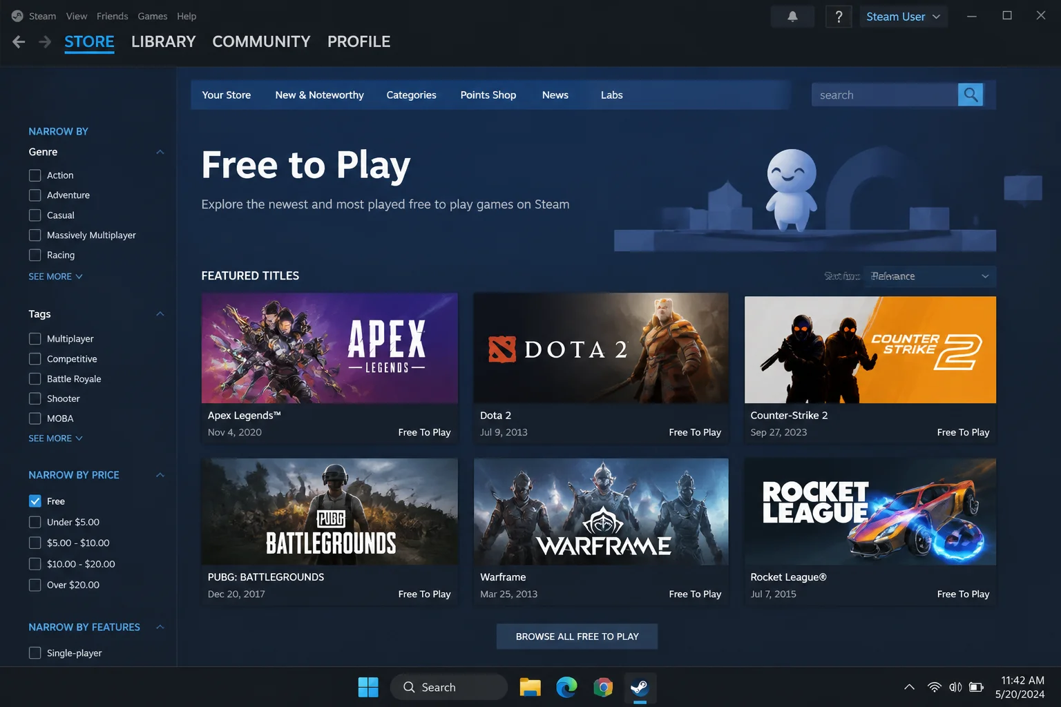 Steam Store Free to Play category page showing featured titles, top sellers, and filter options including genre and tags on