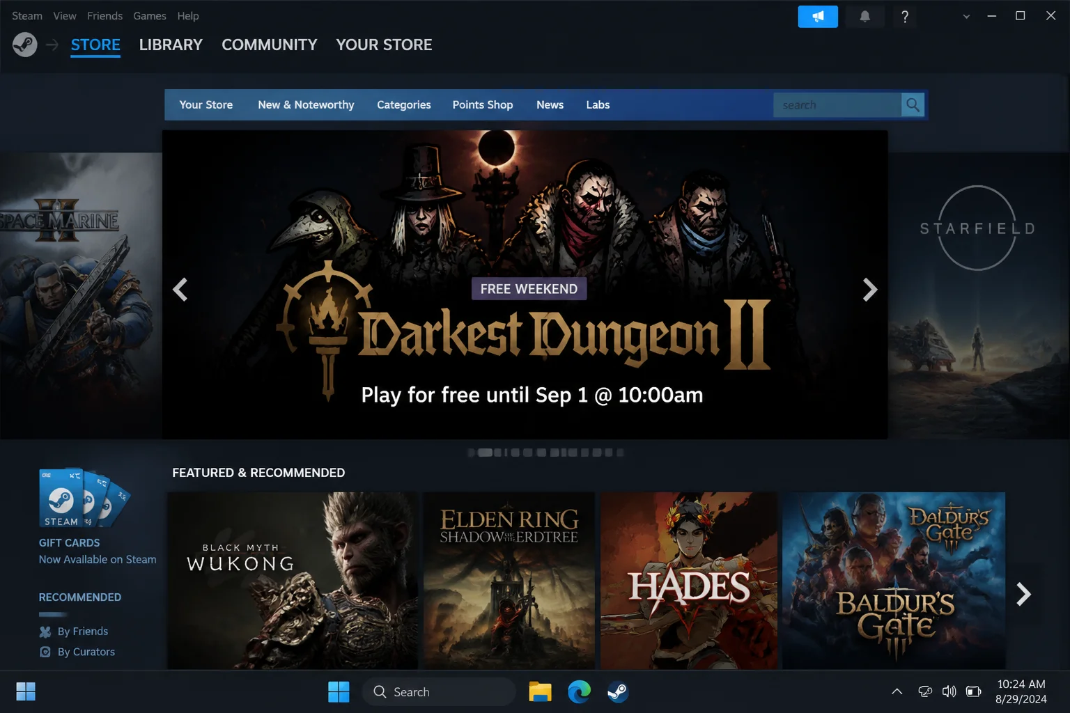 Steam Store homepage carousel featuring a Free Weekend promotional banner with the game title and event end date clearly