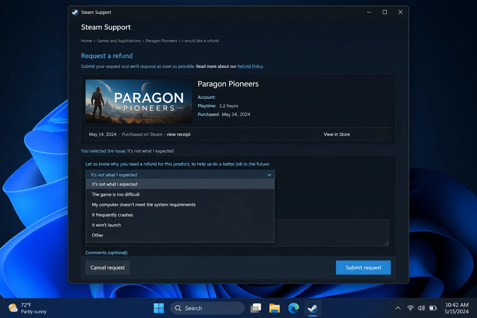 Steam Support refund flow showing a game selected with refund reason options including "It's not what I expected" and the