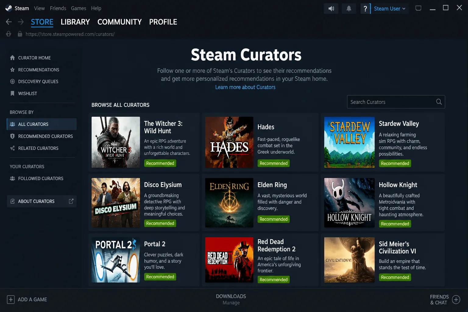Steam Curator browse page showing curated lists including one focused on free and upcoming games