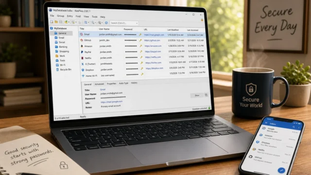 Password manager interface open on a laptop with multiple accounts, a notebook with a security tip, a 'Secure Your World' mug, and a smartphone showing emails. - how-to-set-up-use-the-keepass-password-manager-featured