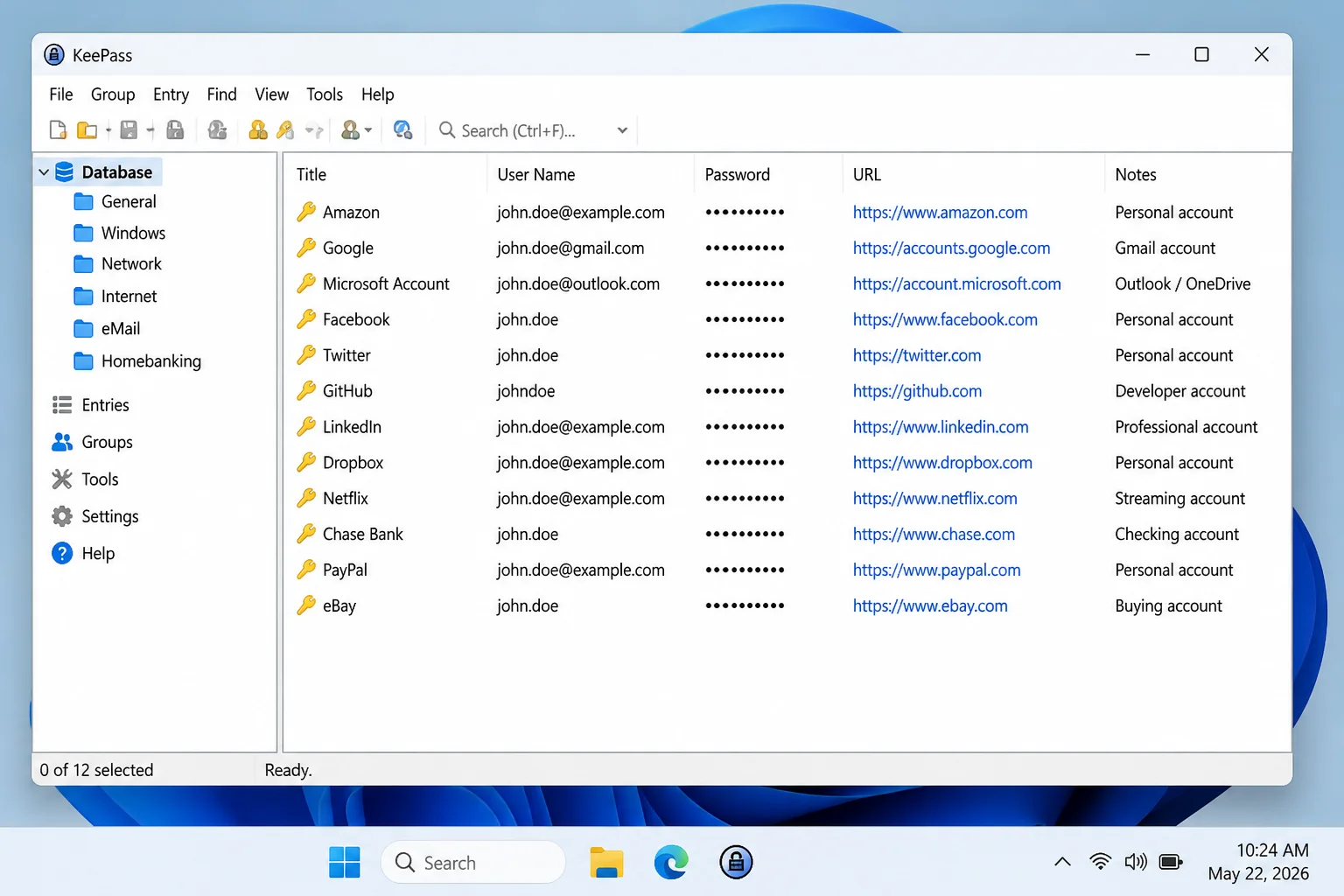 KeePass 2.61.1 database showing several example entries with unique generated passwords concealed