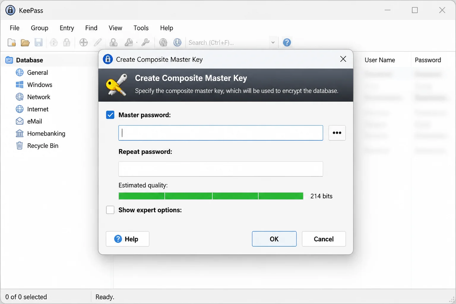 KeePass master password window showing a high estimated quality score for a long passphrase
