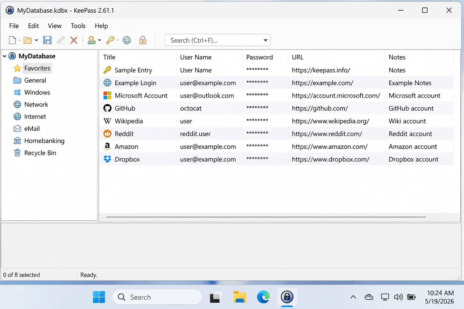 New KeePass 2.61.1 database showing default groups in the left sidebar and sample entries in the main pane