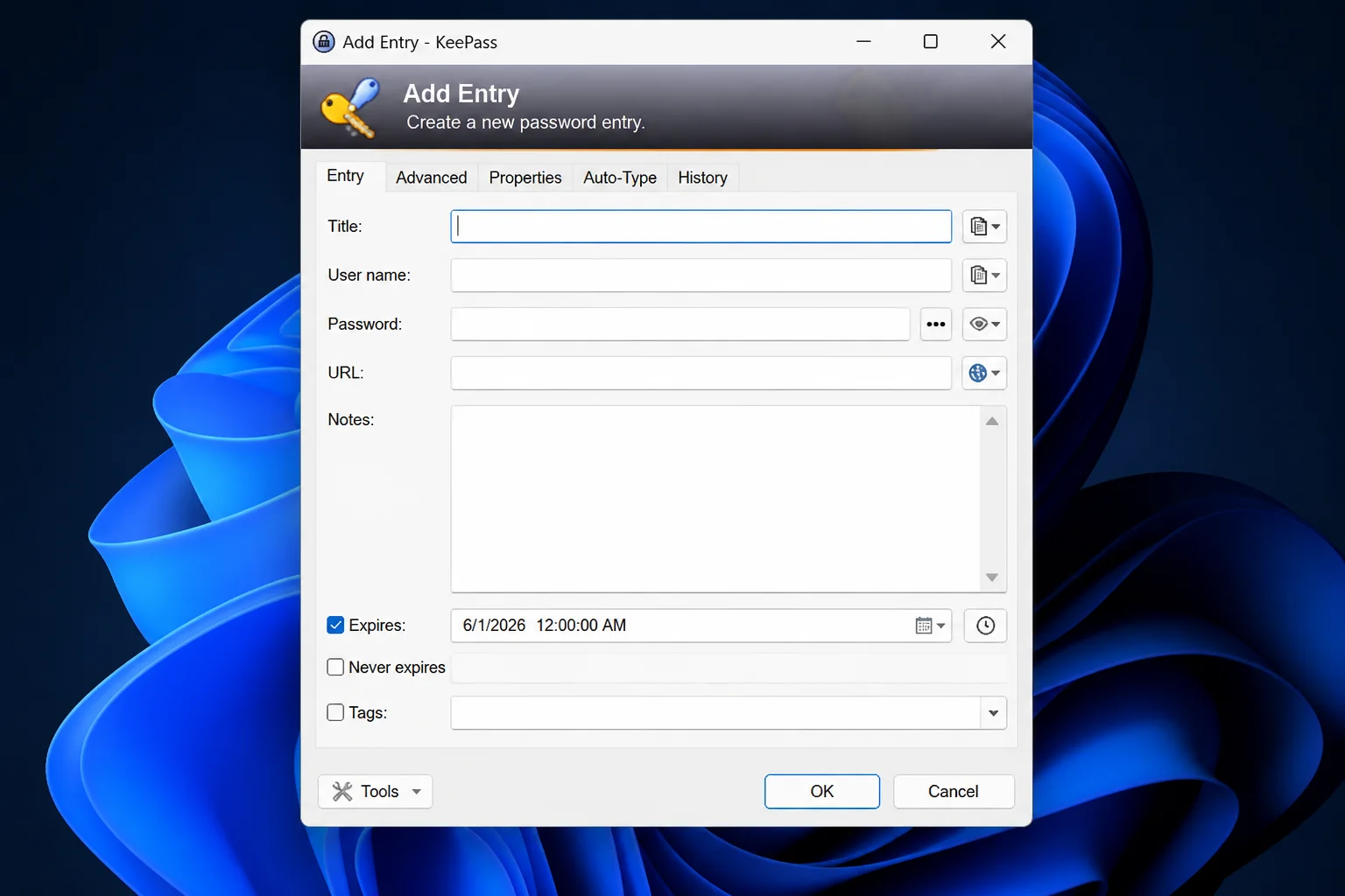 KeePass 2.61.1 Add Entry window with Title, User name, Password, URL, and Notes fields visible