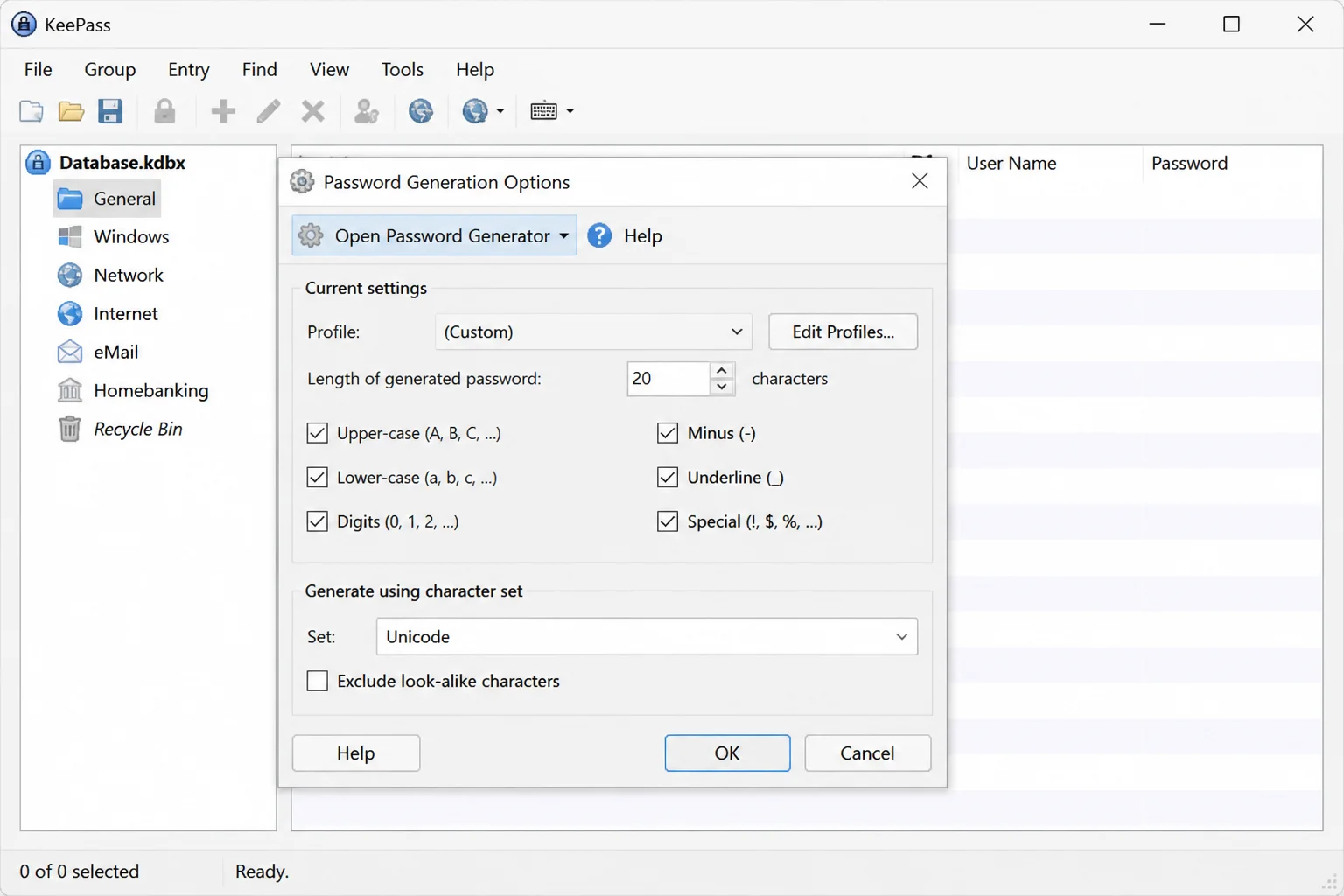 KeePass Add Entry window with the password generation menu open and Open Password Generator highlighted