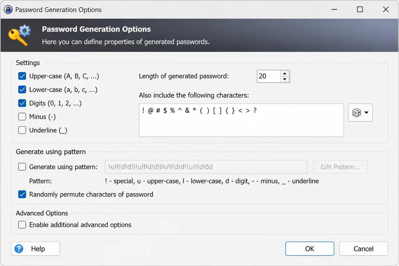 KeePass Password Generator window showing a 20-character or longer password and enabled character sets
