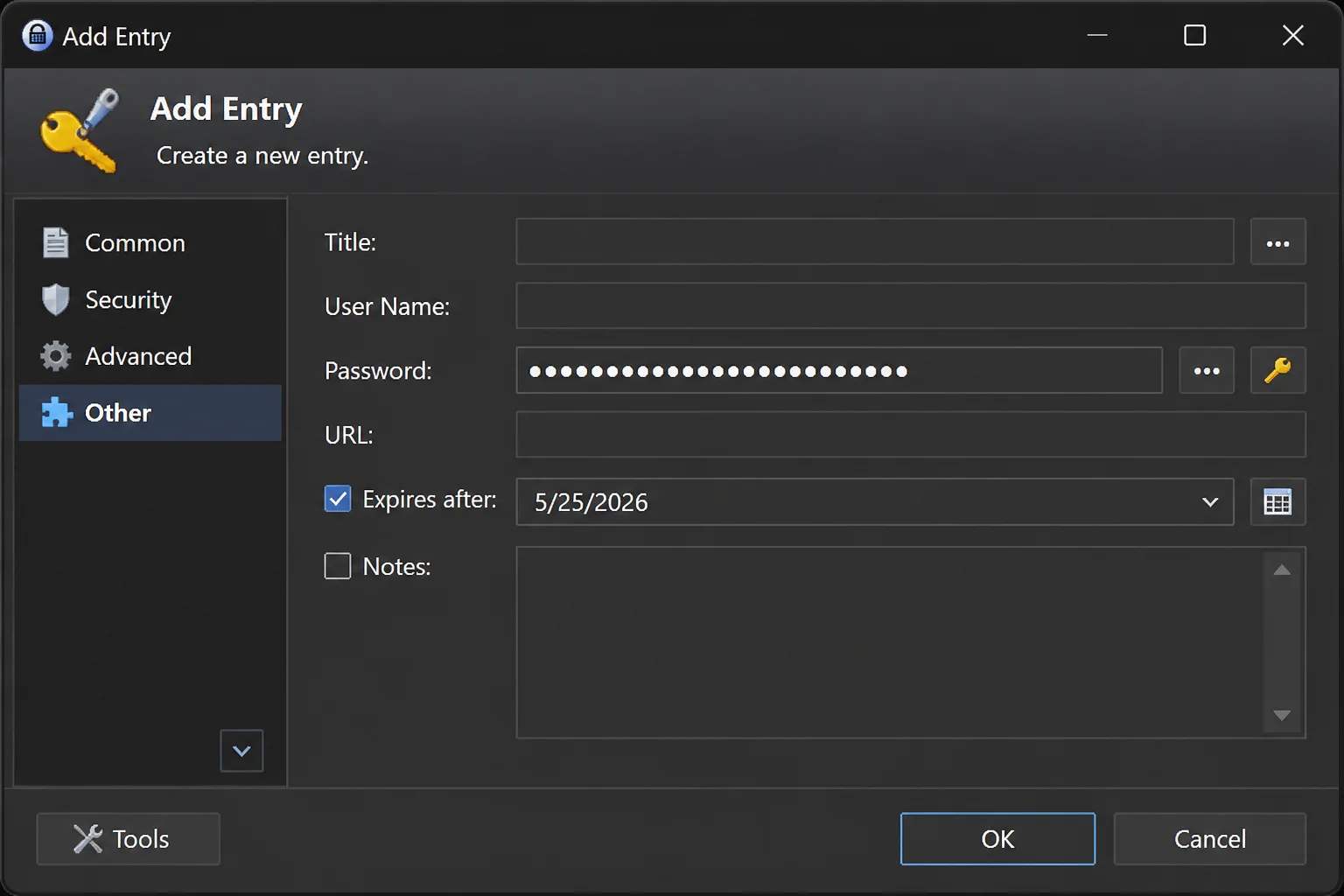 KeePass Add Entry window showing matching concealed generated password fields
