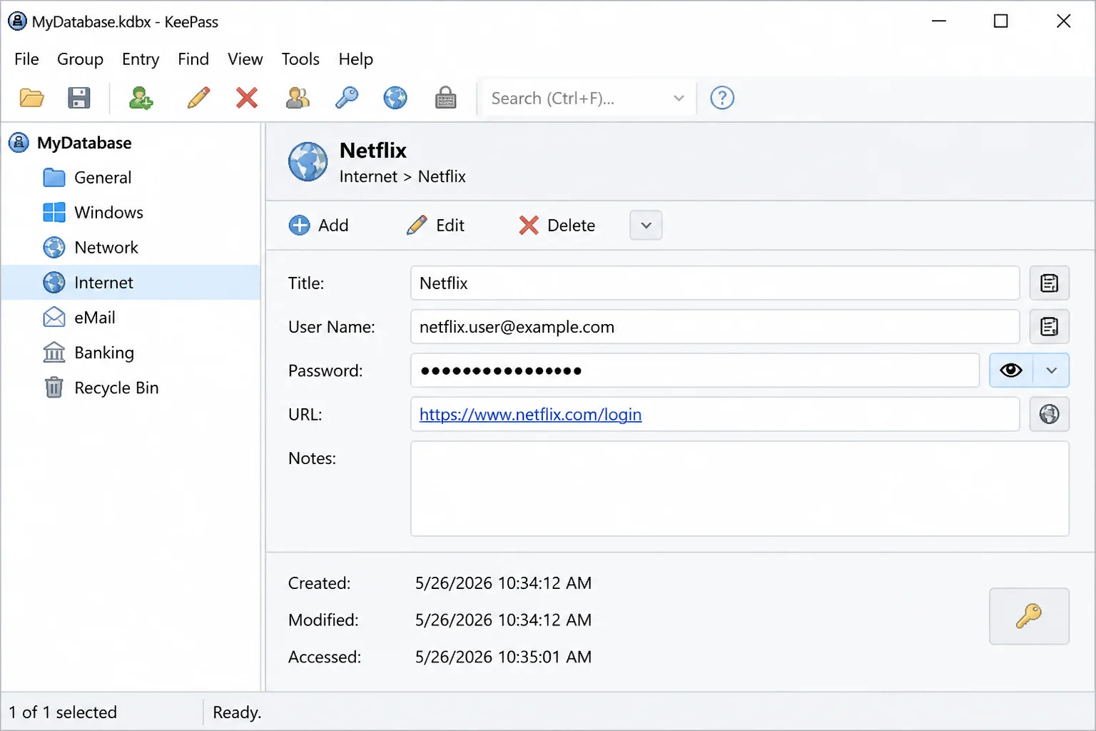 KeePass database showing a newly saved website login in the selected group