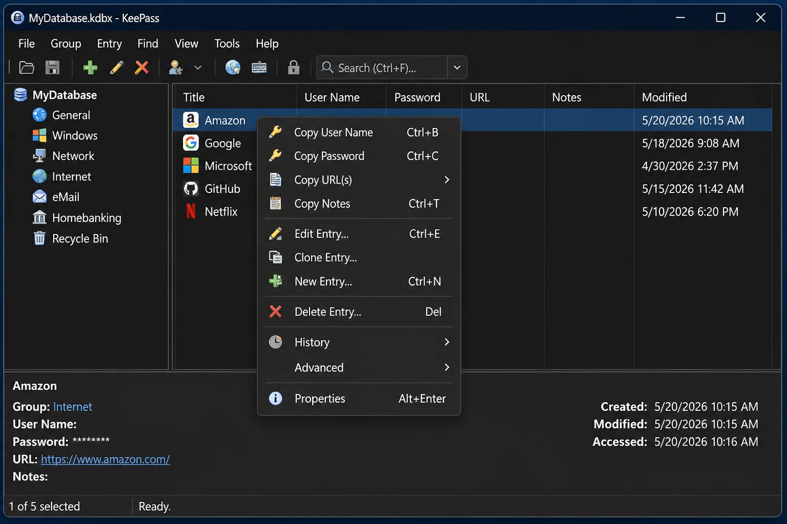 KeePass entry context menu showing Copy User Name and Copy Password options