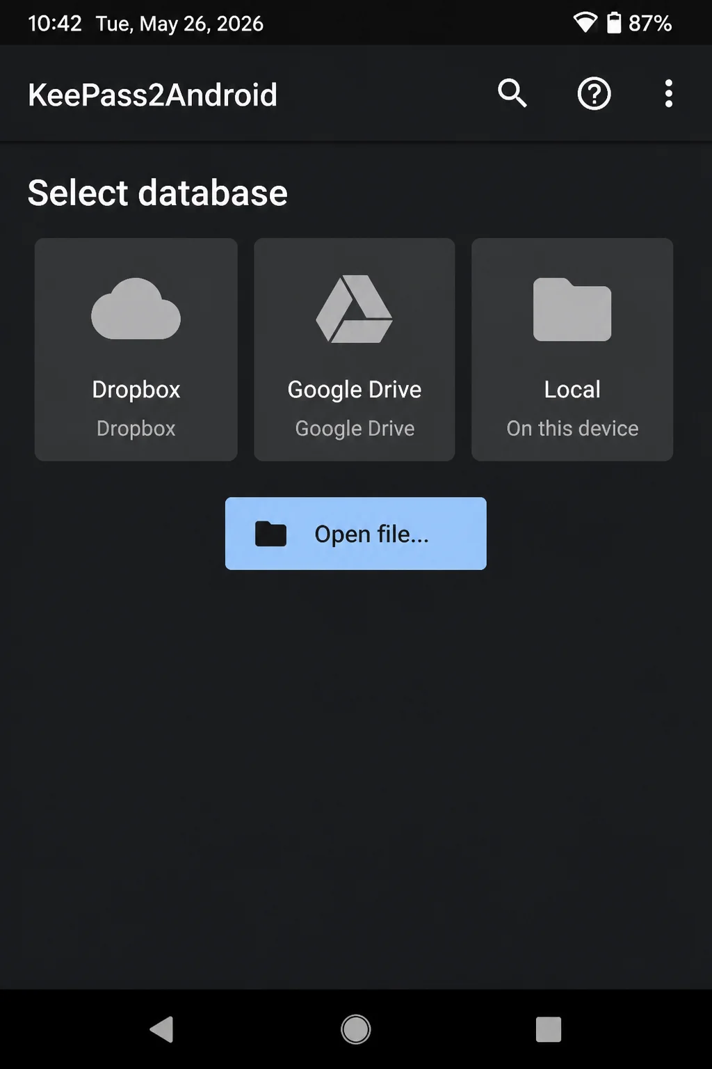 Keepass2Android showing the screen for opening an existing KDBX database