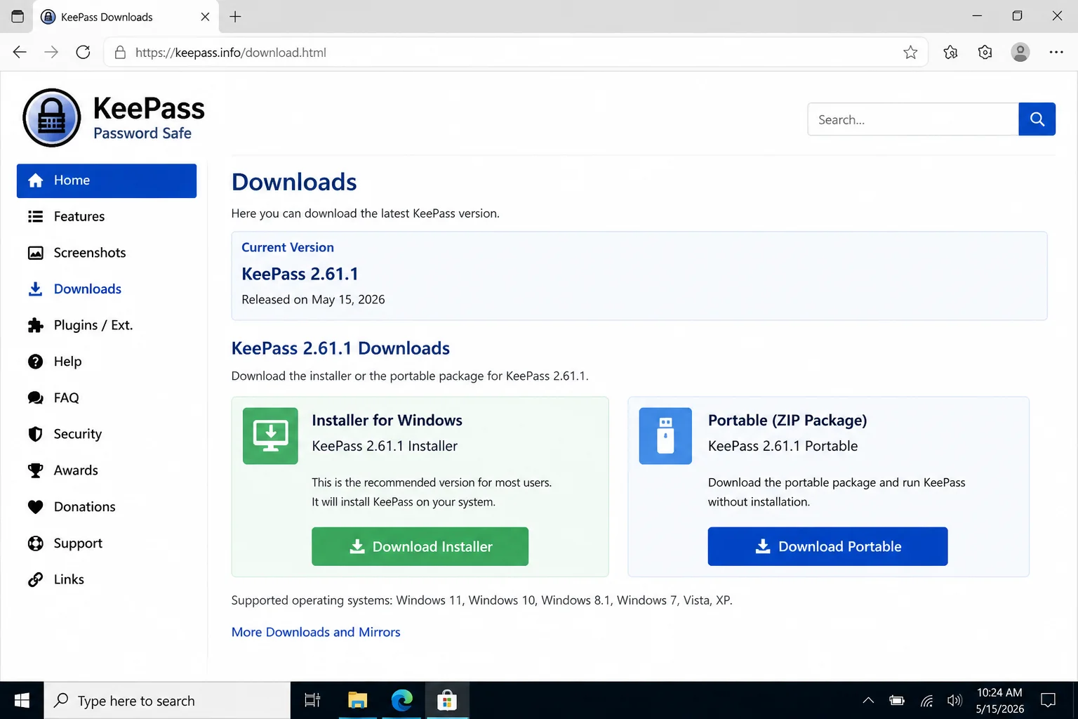 Official KeePass downloads page showing the current KeePass 2.61.1 installer and portable package