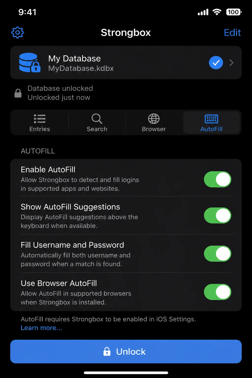 Strongbox on iPhone showing an opened KeePass database and the option to enable AutoFill