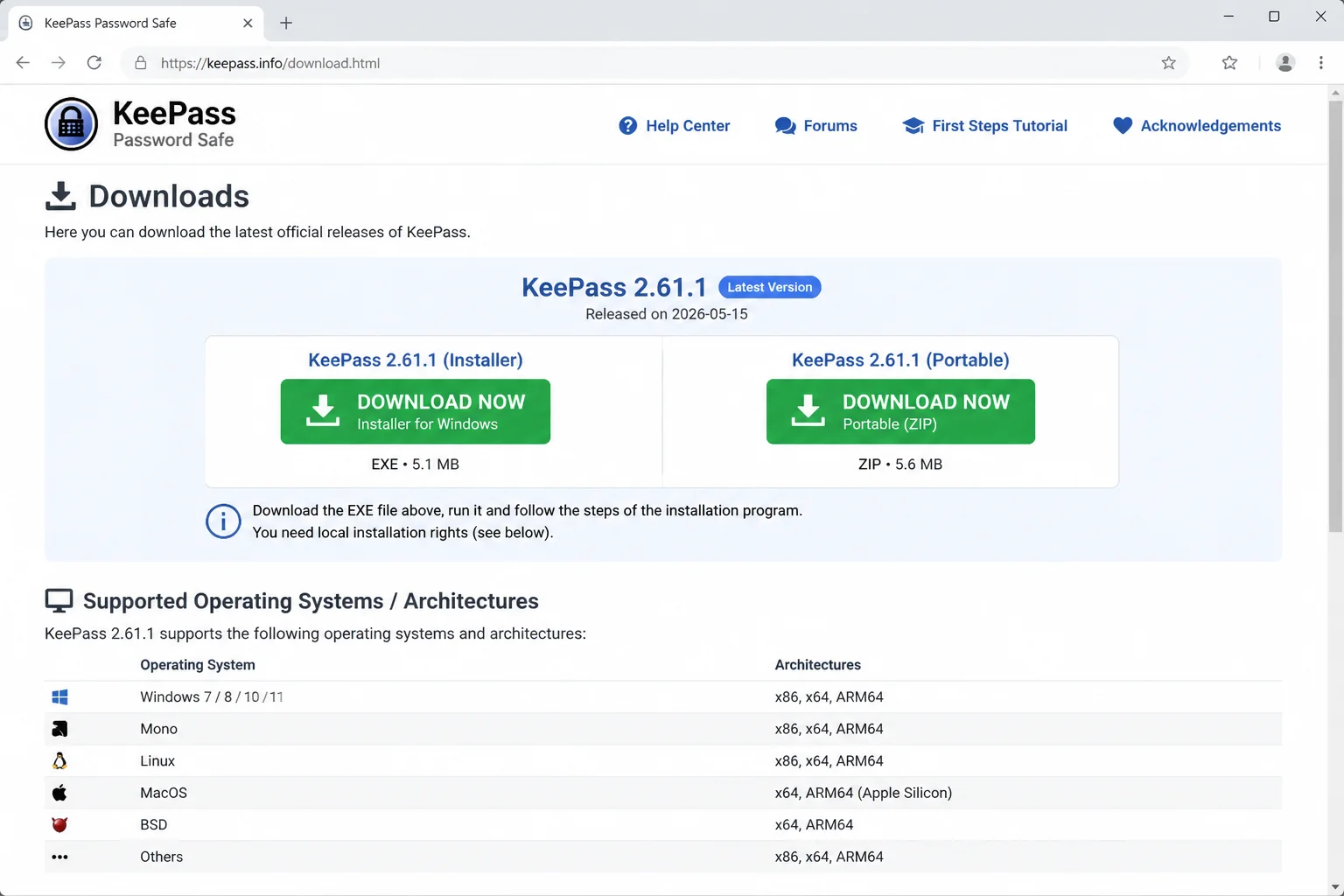 Official KeePass downloads page showing KeePass and links to compatible apps for other operating systems