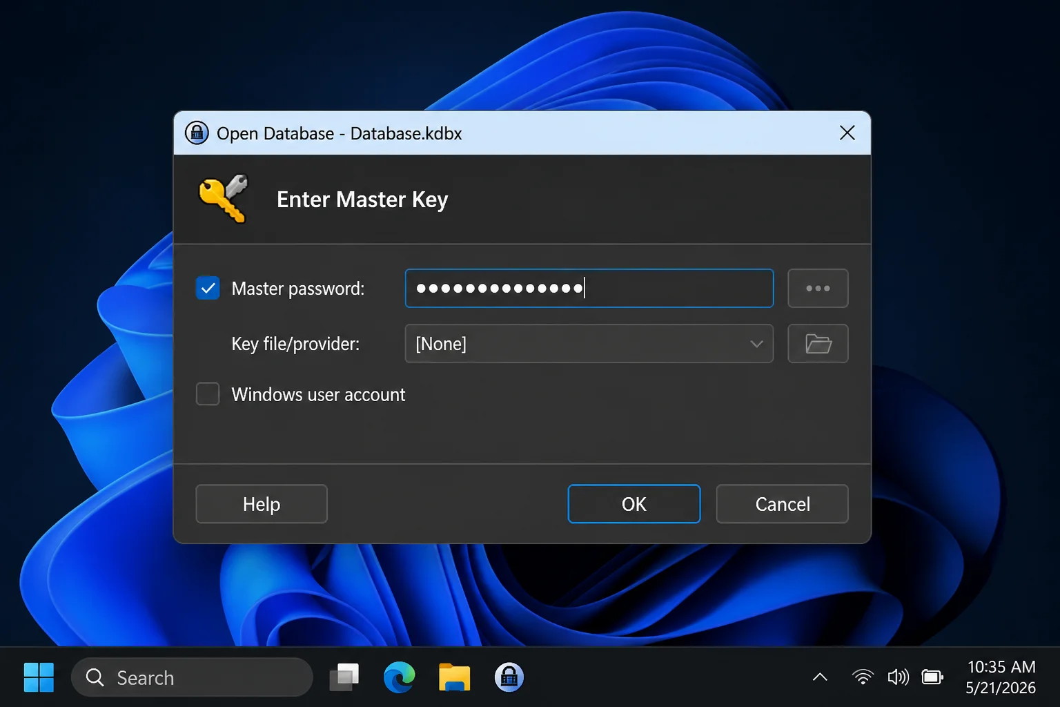 KeePass 2.61.1 master key prompt displayed before a database has been opened