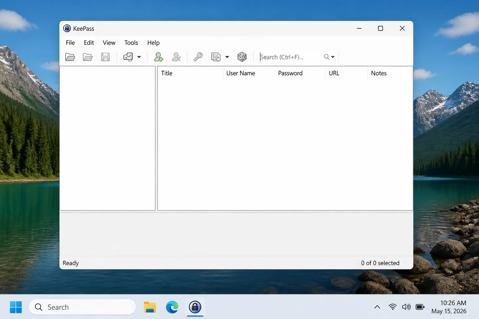 Blank KeePass 2.61.1 main window with File menu and toolbar visible