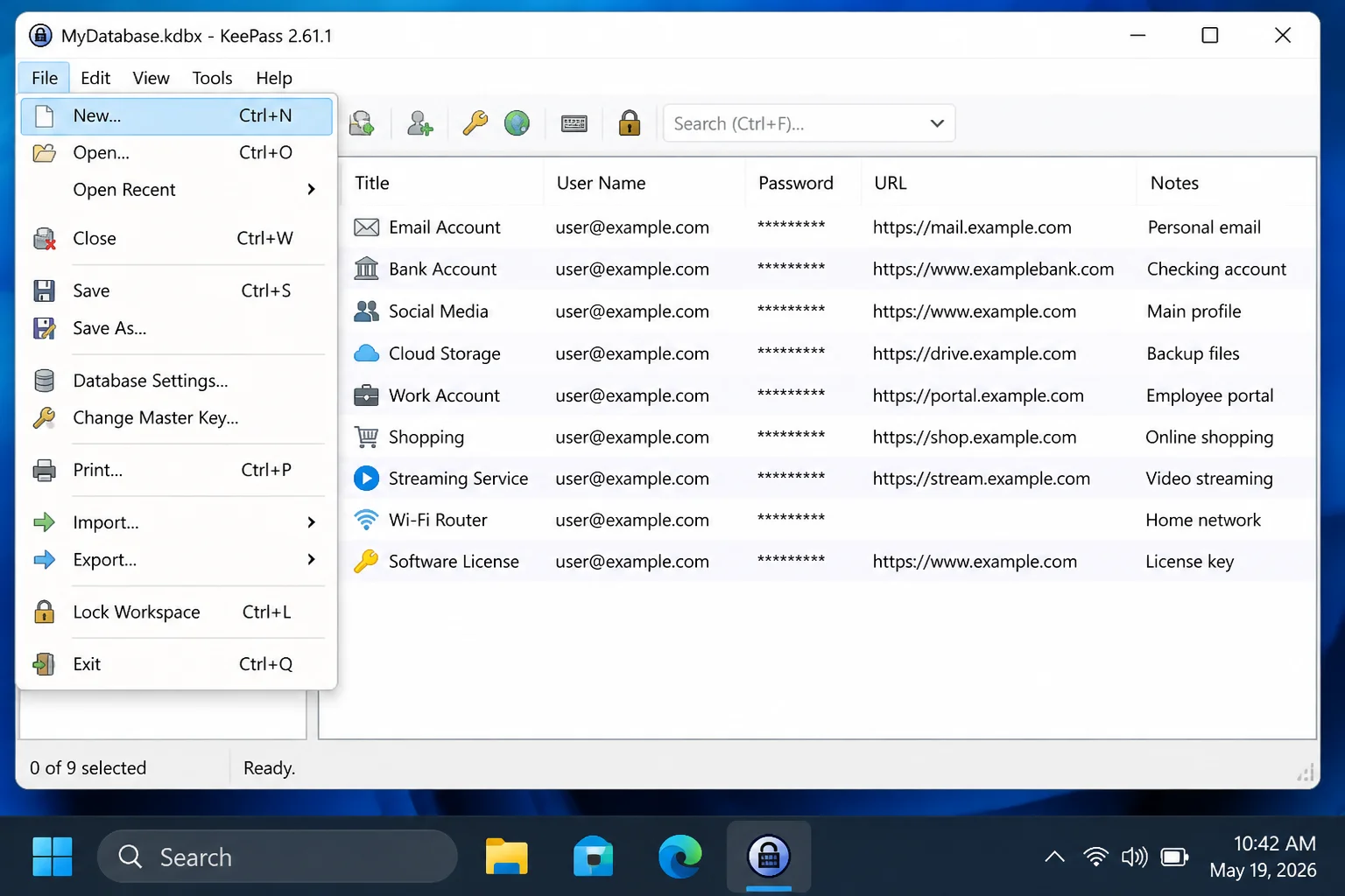 KeePass 2.61.1 File menu with New highlighted and the new database notice visible