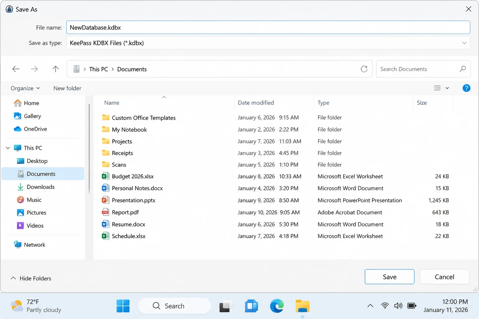 Windows Save As dialog for a new KeePass KDBX database with a filename and destination folder selected