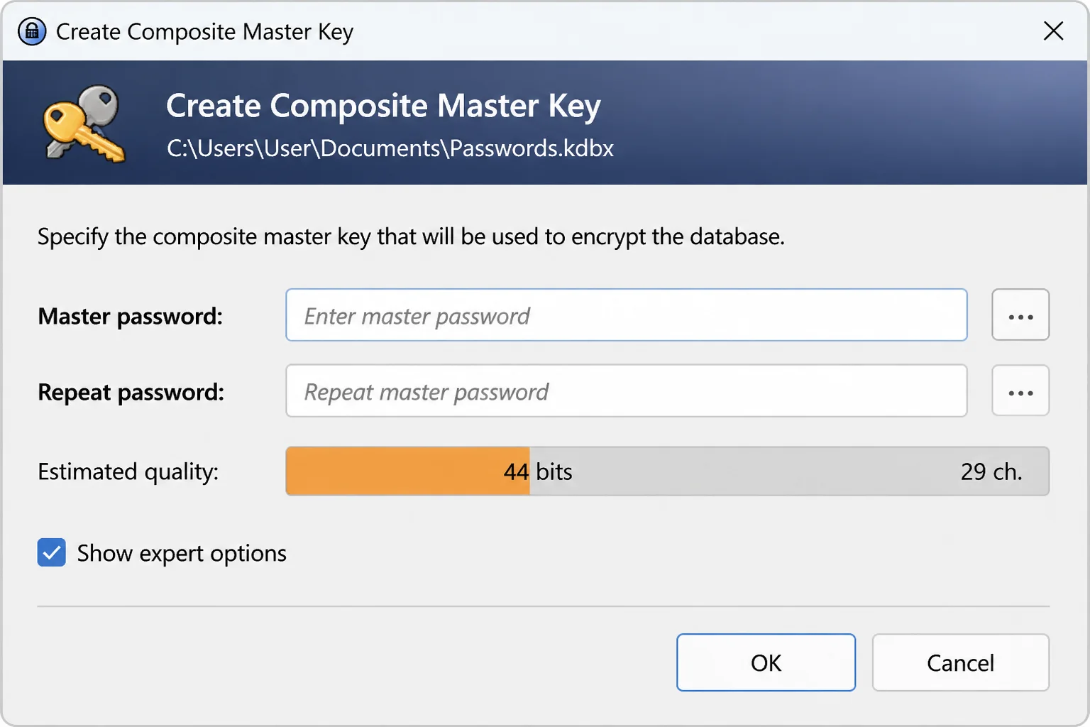 KeePass Create Composite Master Key window with Master password and Repeat password fields visible