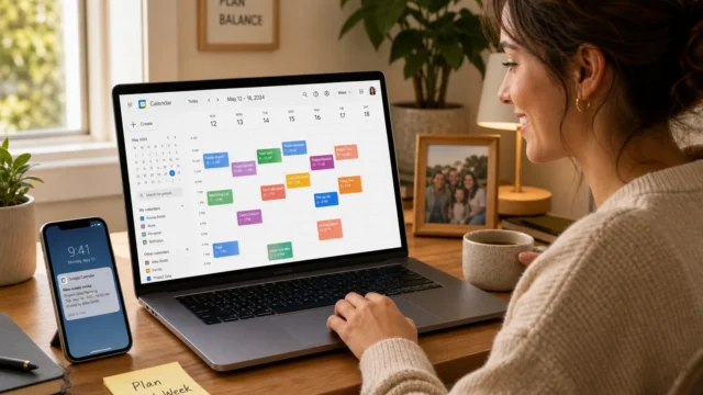 Woman at a desk viewing a laptop calendar with colorful events while a smartphone and a sticky note reading 'Plan Next Week' sit nearby. - how-to-share-a-google-calendar-featured
