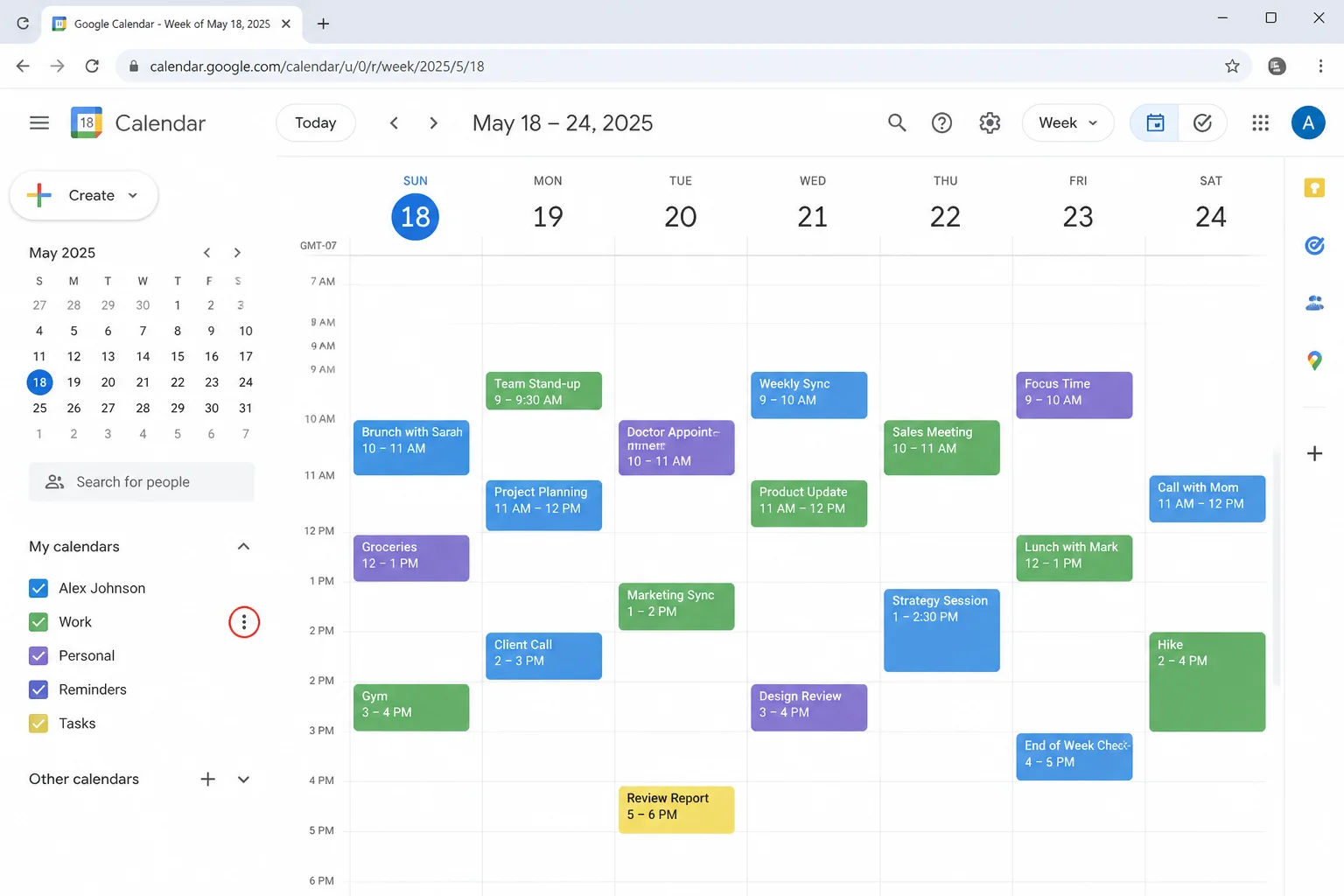 Google Calendar left sidebar with My calendars expanded and the three-dot menu highlighted beside a calendar