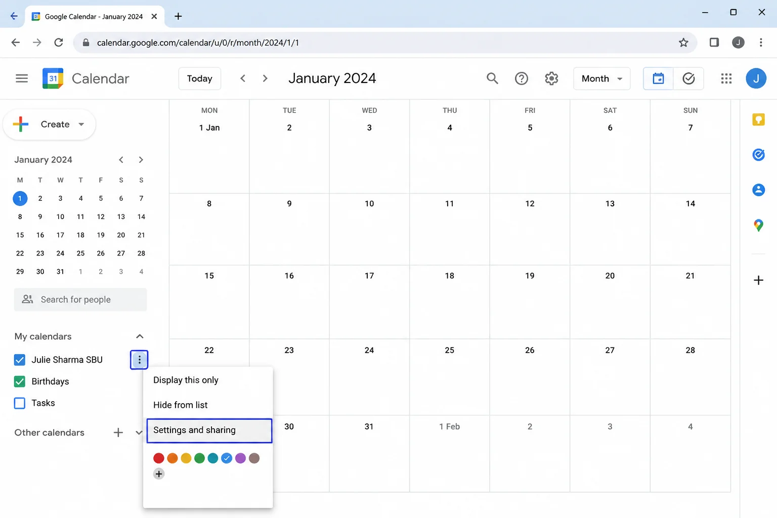 Google Calendar three-dot menu with Settings and sharing highlighted