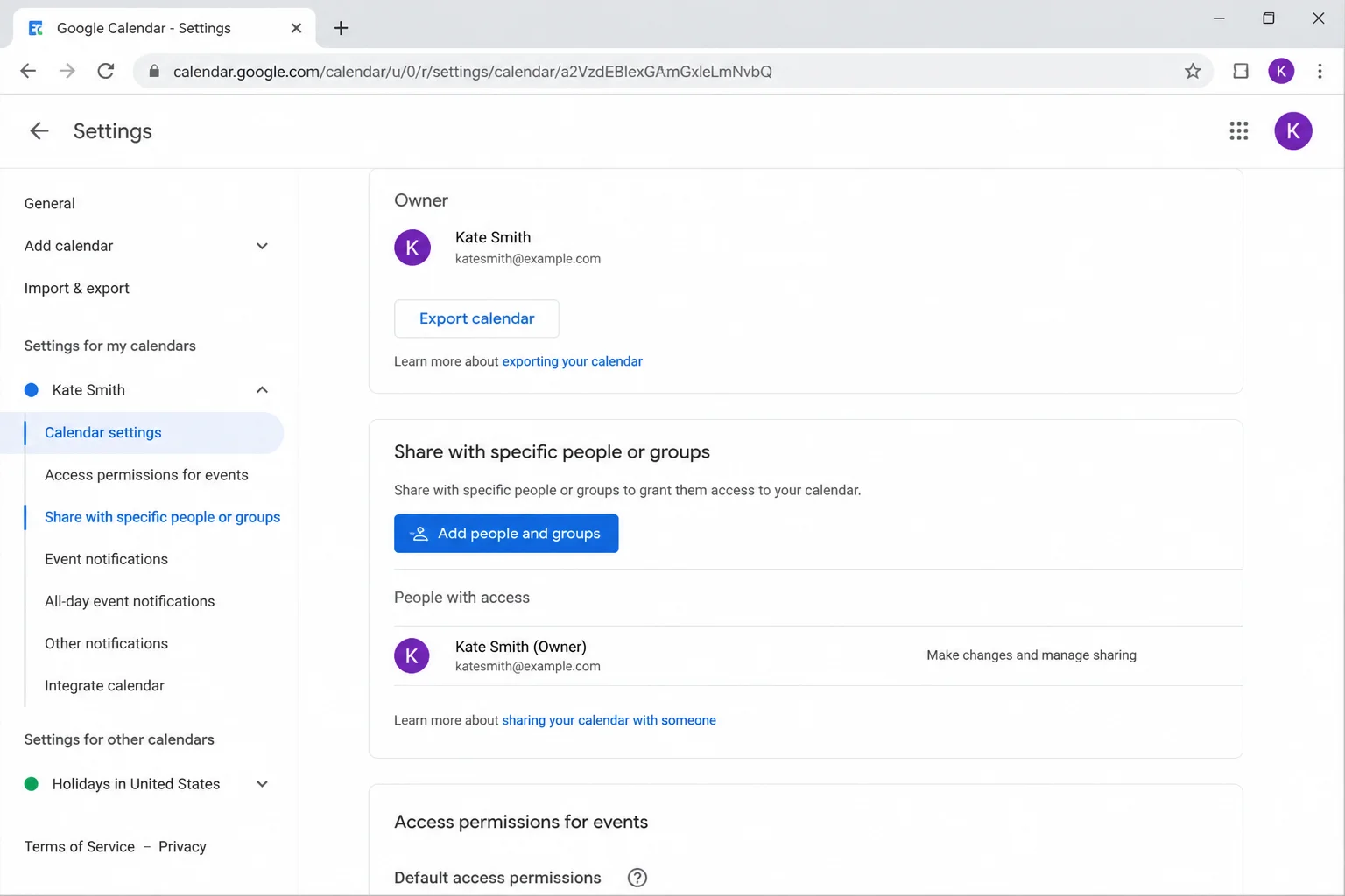 Google Calendar settings showing Share with specific people or groups and the Add people and groups button