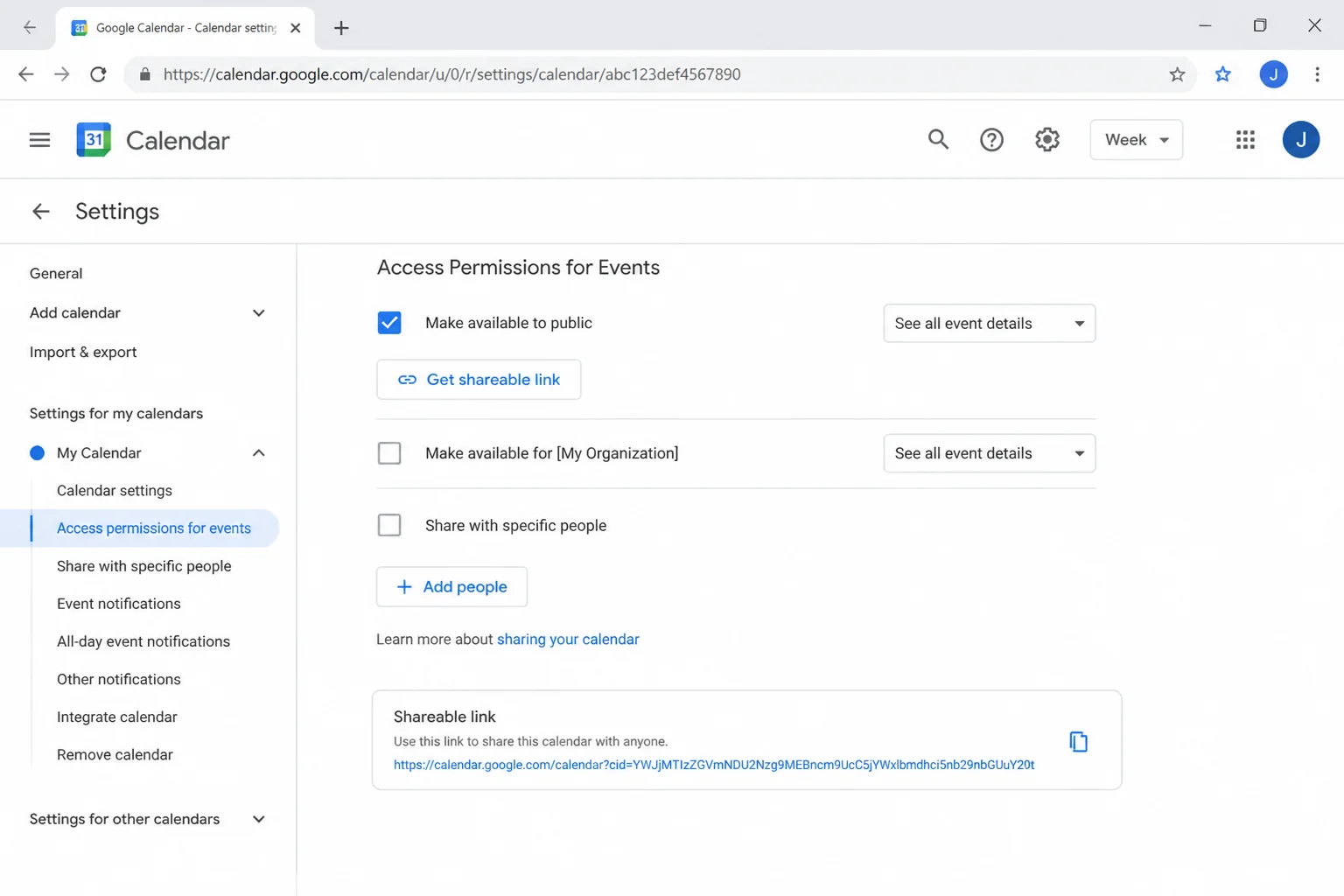 Google Calendar Access permissions for events section with Make available to public highlighted
