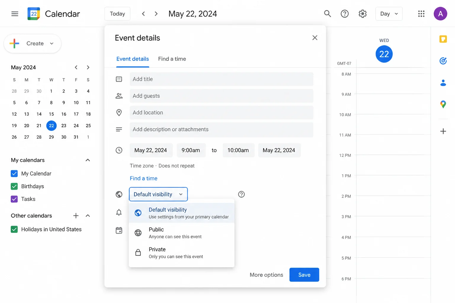 Google Calendar event editor with the event visibility control expanded and available visibility choices shown
