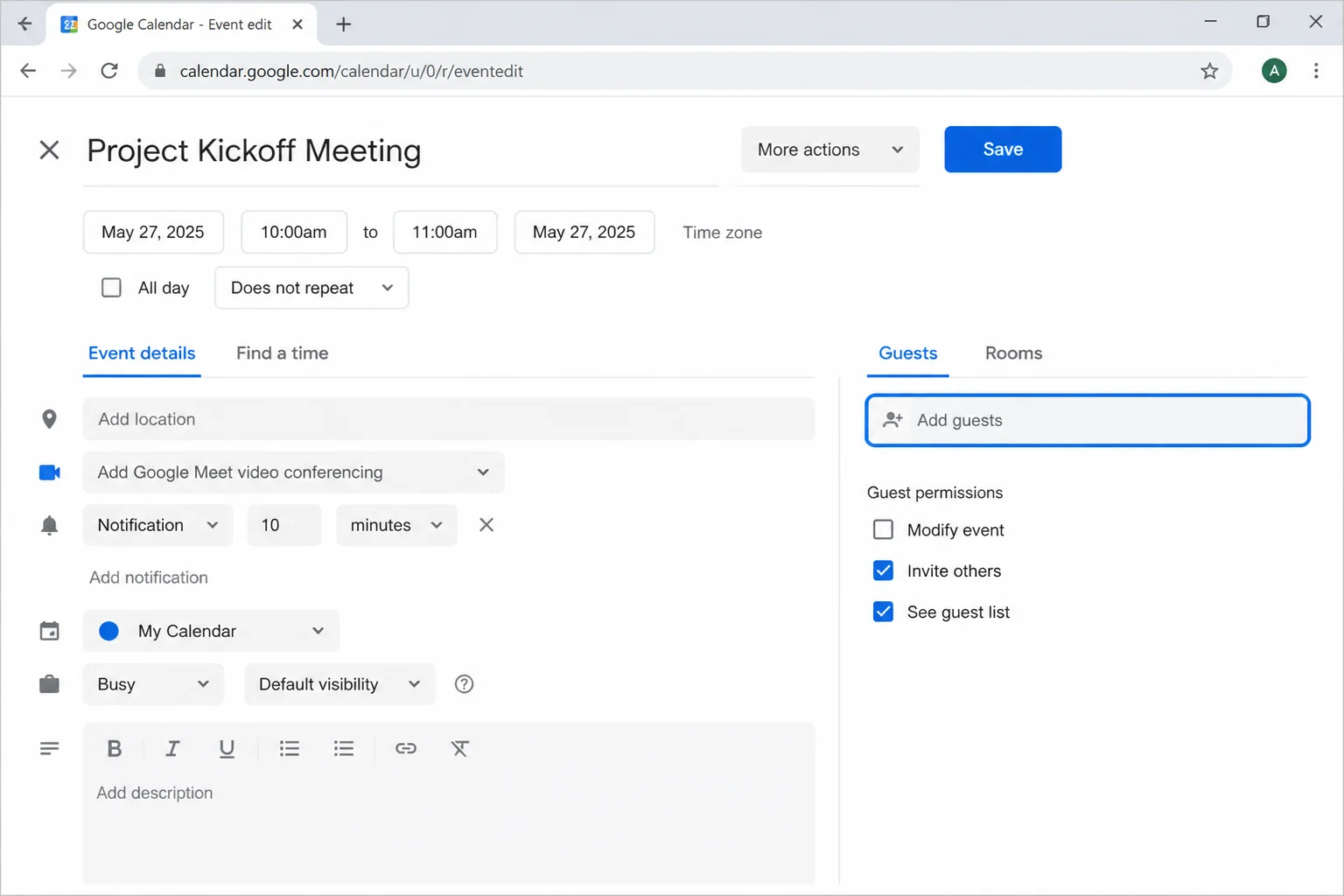 Google Calendar event editor showing the guest field with an email address being added