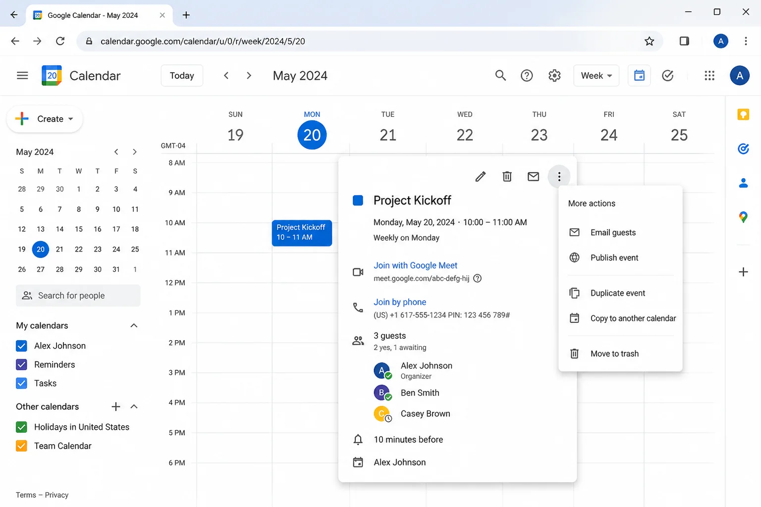 Google Calendar event details card with the current three-dot More actions menu open and available sharing or publishing actions visible