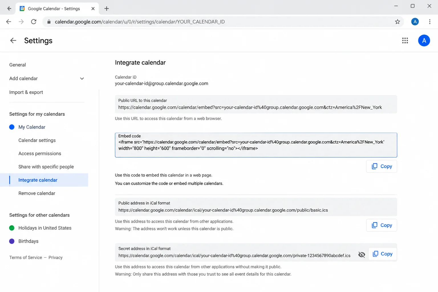 Current Google Calendar event publishing dialog showing any available share link or website embed code