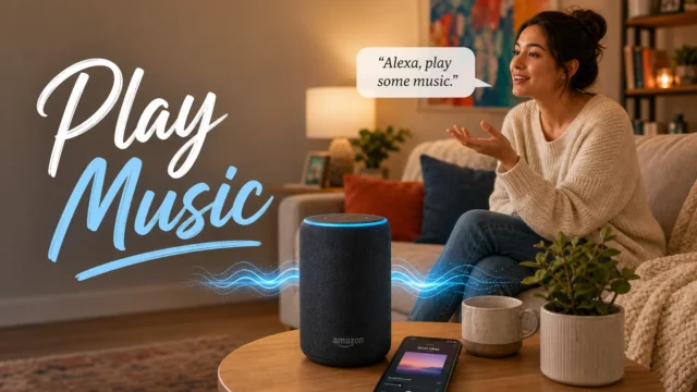 Woman on a couch asks Alexa to play music in a cozy living room, with an Amazon Echo on the coffee table nearby. - how-to-stream-music-through-your-amazon-echo-featured