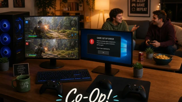 Two friends play a co-op game at a desk with dual monitors; left screen shows gameplay, right shows a 'Game Setup Error' message in a cozy living room setting. - how-to-turn-any-multiplayer-game-into-split-screen-on-one-pc-featured