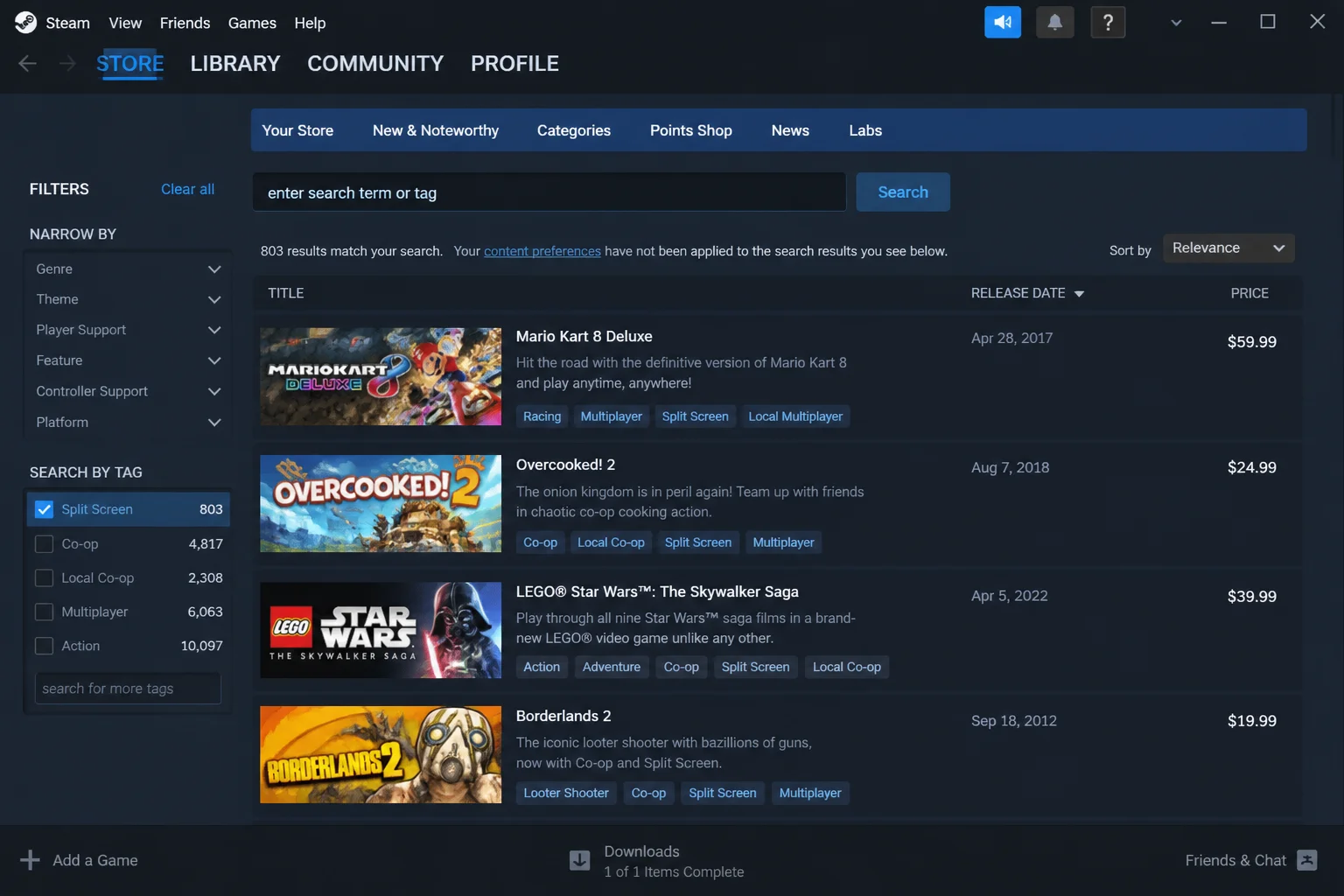 Steam store search results filtered by the "Split Screen" tag showing a list of compatible PC games with co-op labels