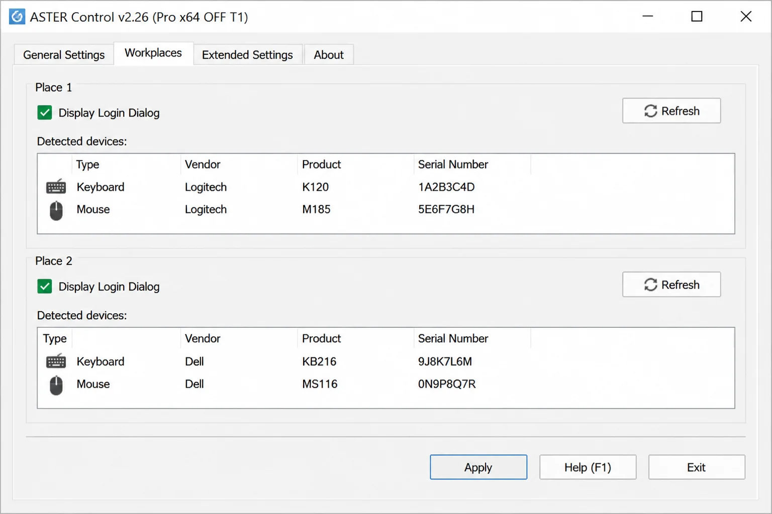 ASTER Multiseat Workplaces tab showing all detected keyboards, mice, and monitors currently assigned to Place 1 and Place 2