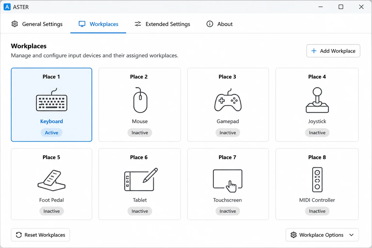 ASTER Workplaces tab with a keyboard device highlighted in blue square to indicate it is the currently active input device