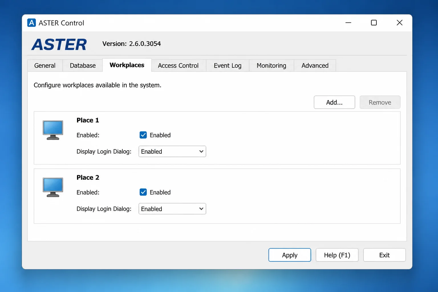 ASTER Workplaces tab showing one keyboard, one mouse, and one monitor correctly assigned to both Place 1 and Place 2