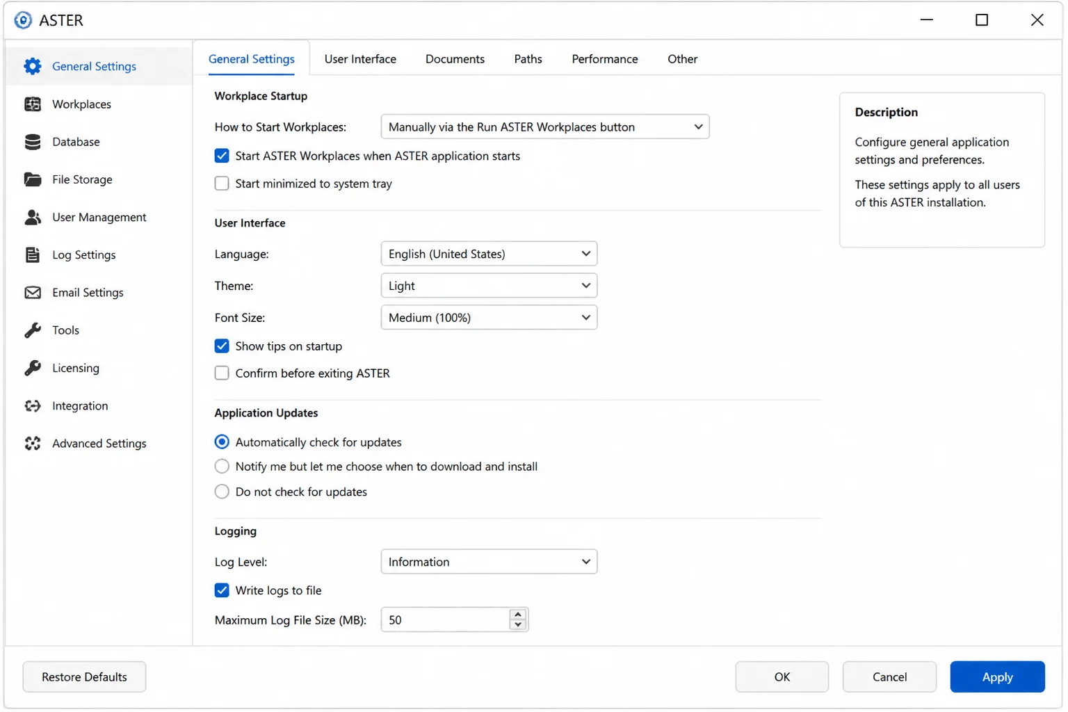 ASTER General Settings tab with How to Start Workplaces dropdown set to Manually via Run ASTER Workplaces button and the Apply button highlighted