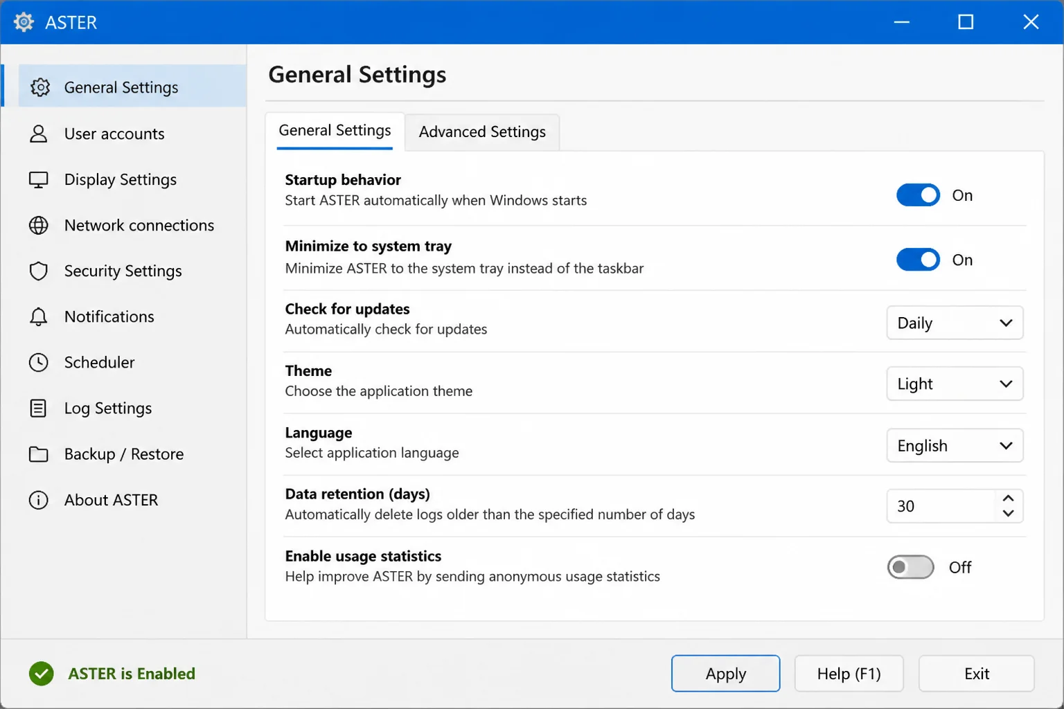 ASTER General Settings tab after reboot showing the ASTER active status indicator at the bottom of the interface