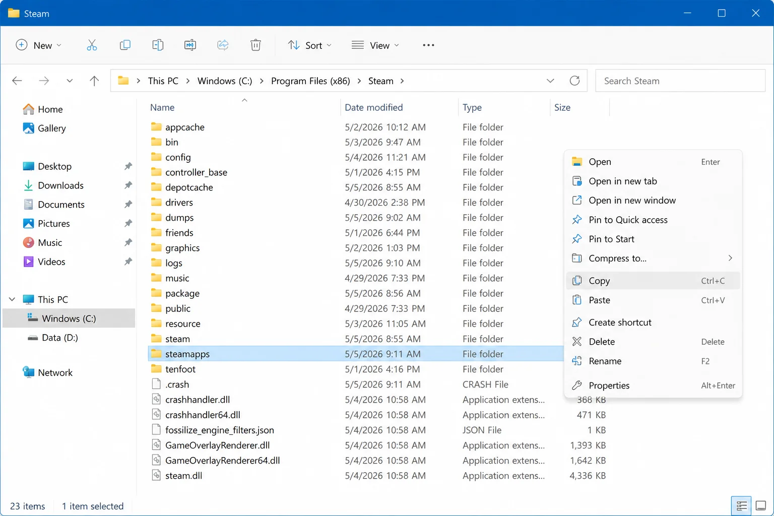 Windows 11 File Explorer open at C:\Program Files (x86)\Steam with the steamapps folder selected and the right-click Copy option visible in the context menu