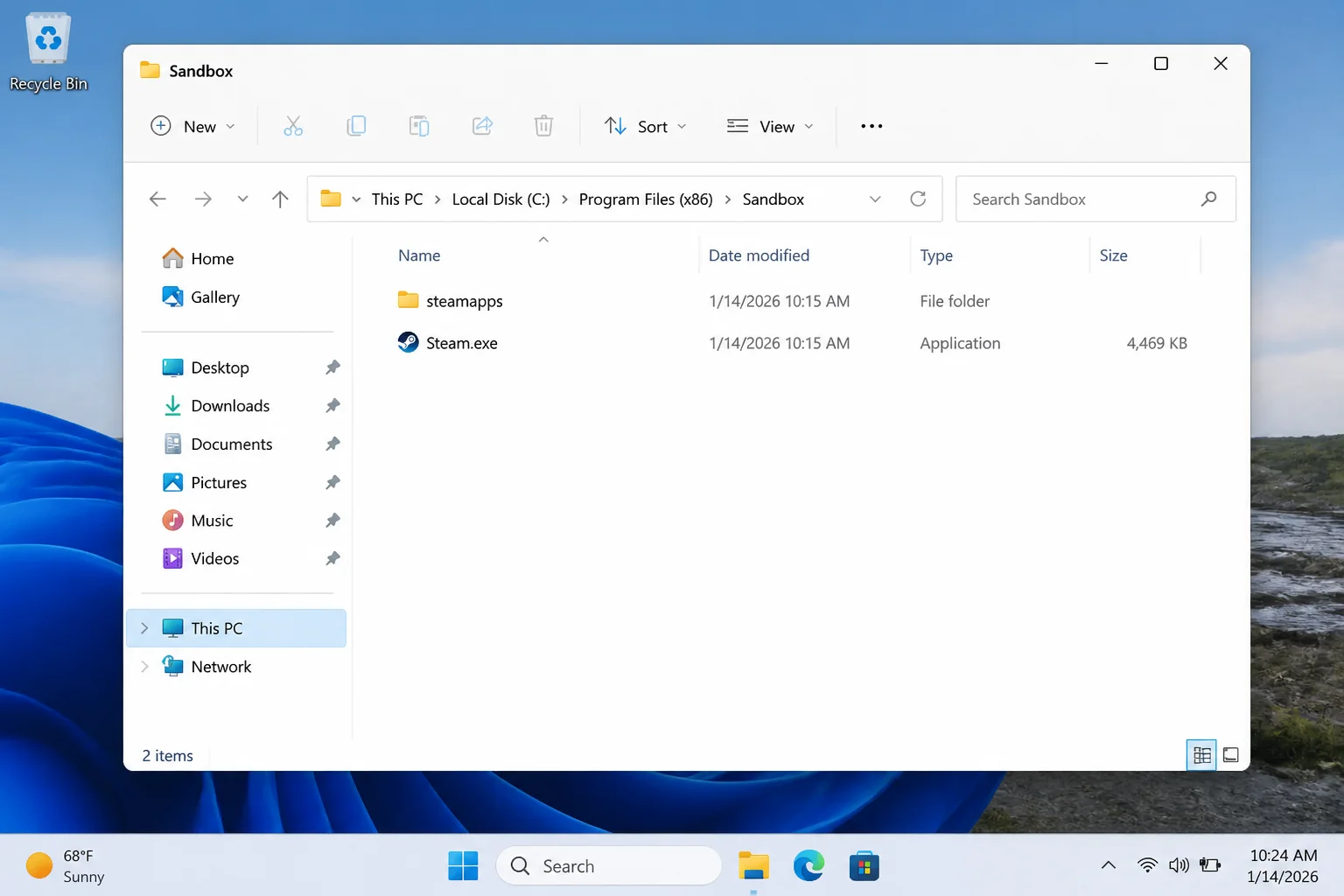 Windows 11 File Explorer showing the Sandbox folder at C:\Program Files (x86)\Sandbox containing the steamapps folder and Steam.exe