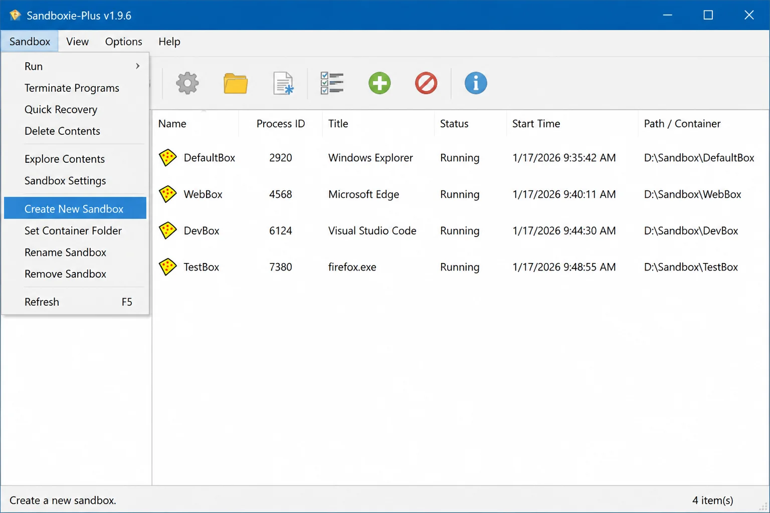 Sandboxie-Plus main interface with the Sandbox menu open and the Create New Sandbox option highlighted