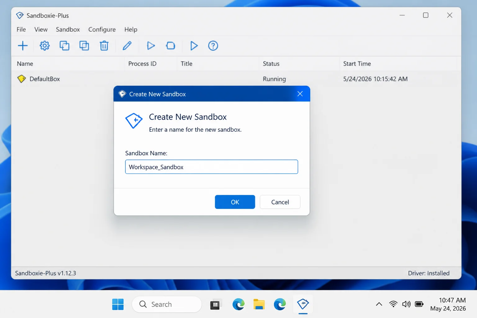 Sandboxie-Plus Create New Sandbox dialog with a custom name entered in the sandbox name field and the OK button visible
