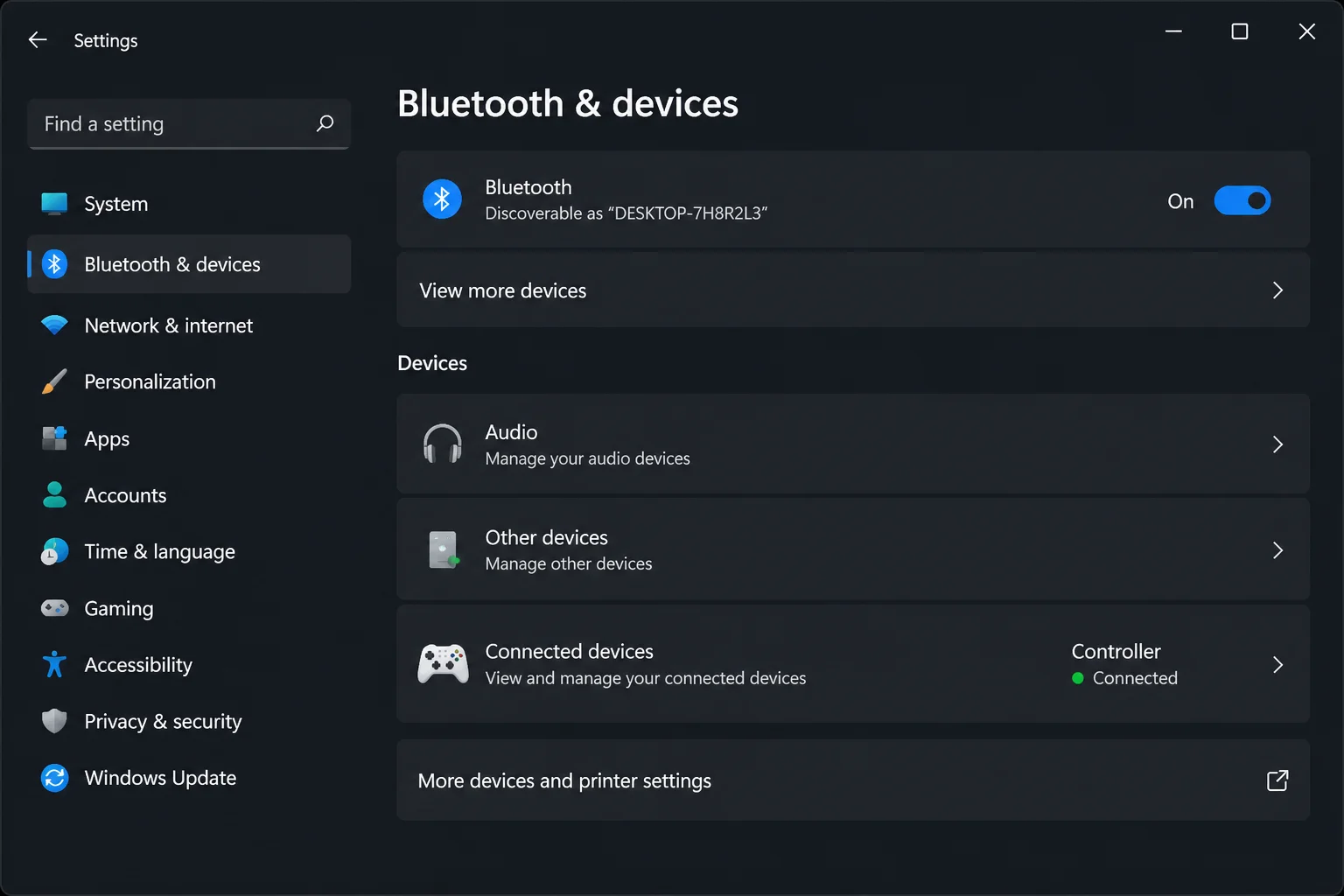 Windows 11 Settings > Bluetooth & devices > Devices page showing a connected Xbox controller listed under Connected devices