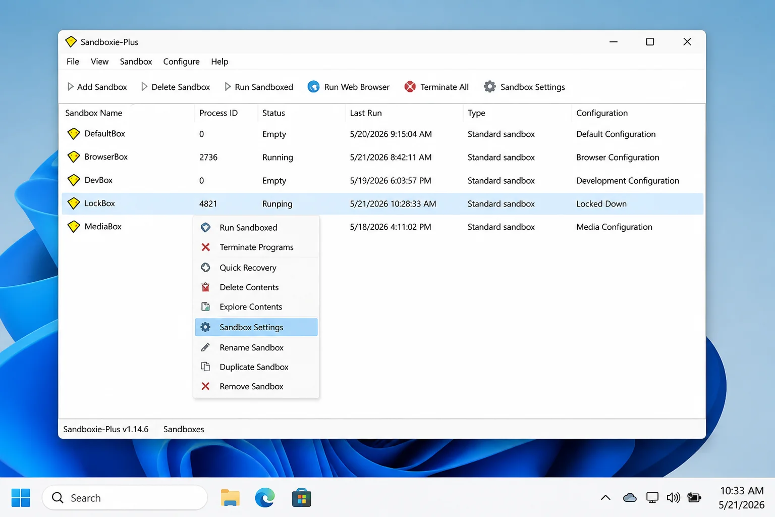 Sandboxie-Plus main interface with a right-click context menu open on the new sandbox showing the Sandbox Settings option highlighted