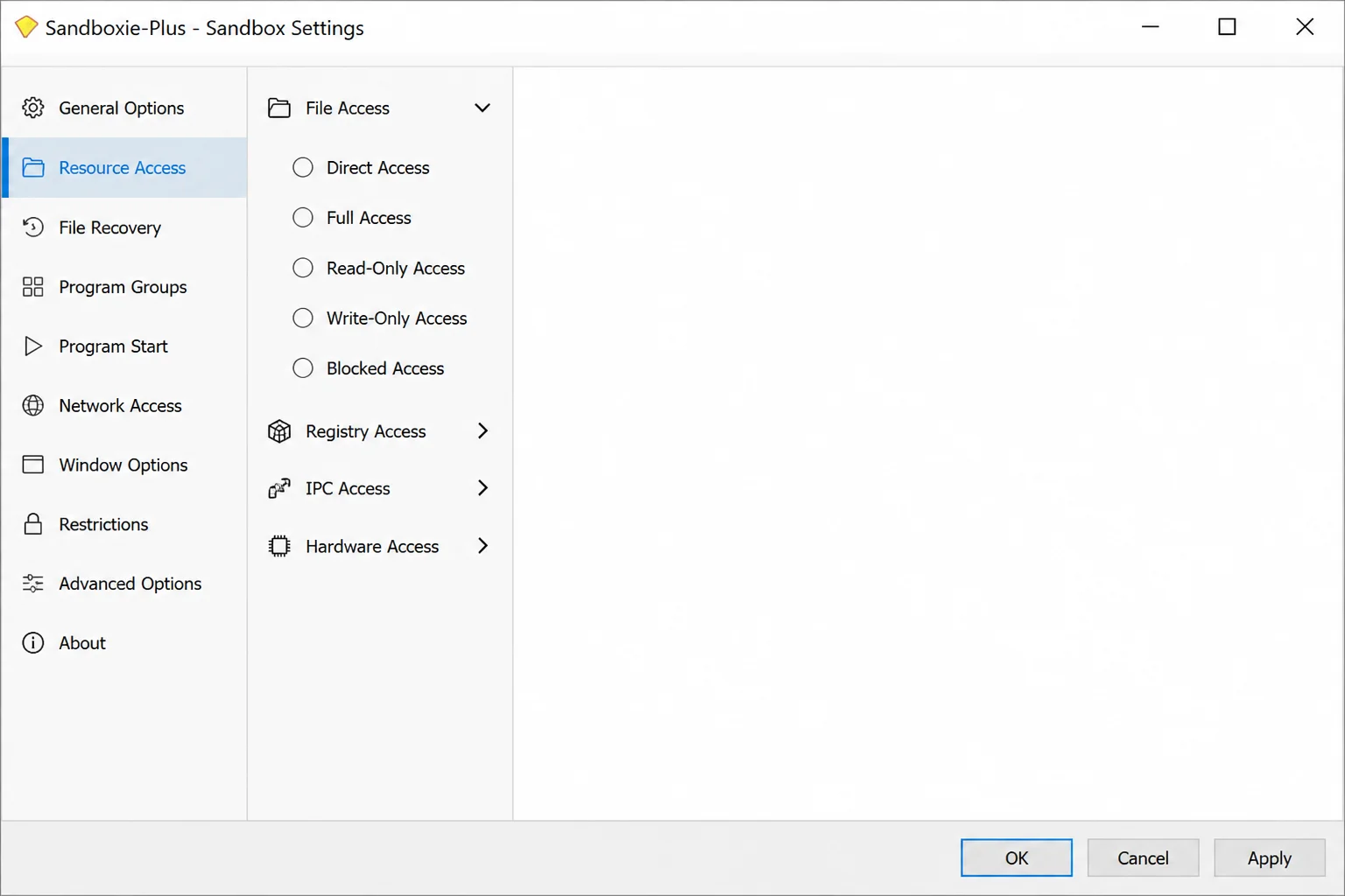 Sandboxie-Plus Sandbox Settings panel showing Resource Access > File Access > Full Access options expanded and selected