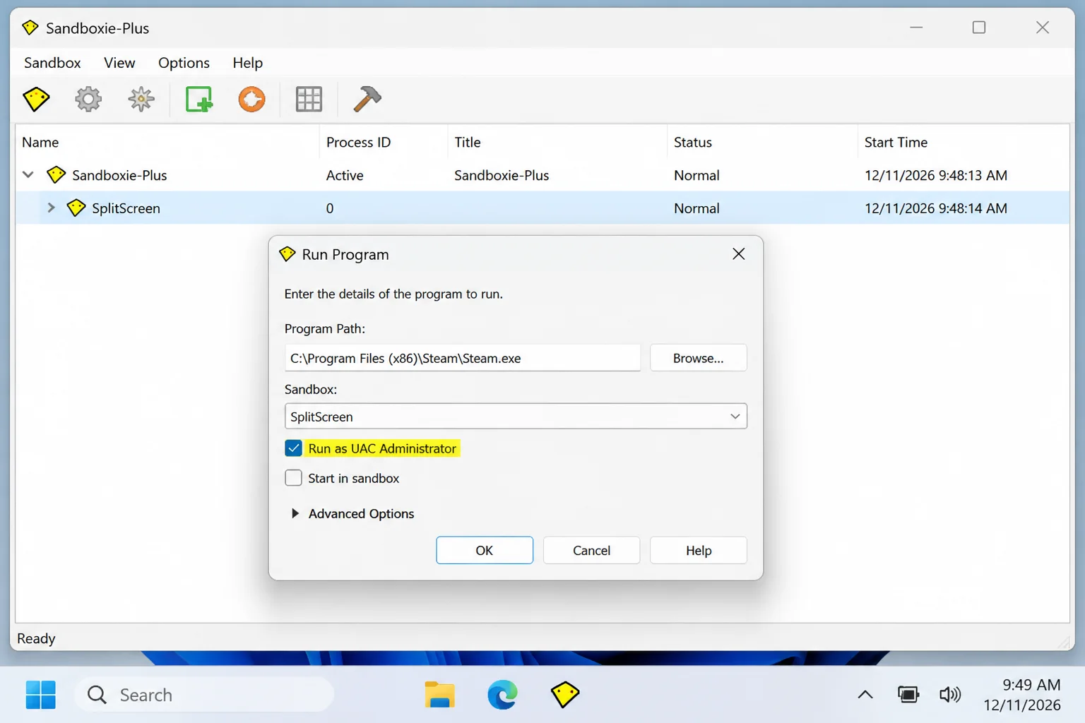 Sandboxie-Plus run dialog for Steam.exe showing the sandbox name dropdown with splitscreen selected and the Run as UAC Administrator option highlighted