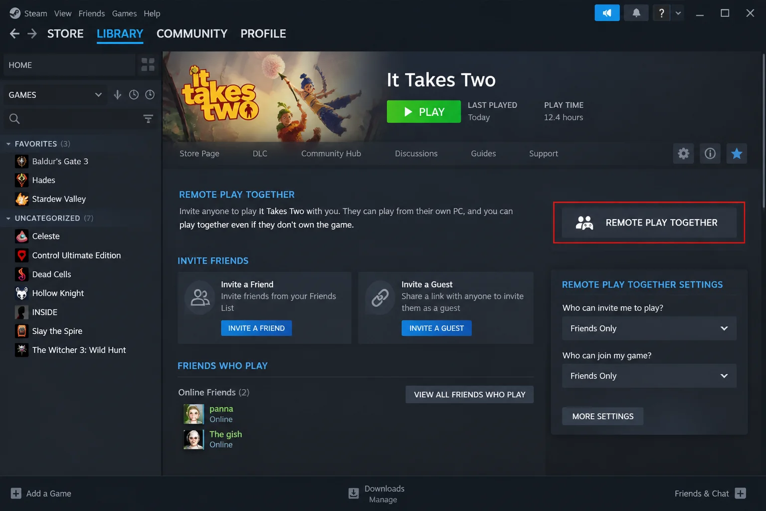 Steam game store page showing the Remote Play Together feature badge and the option to invite a friend to play remotely